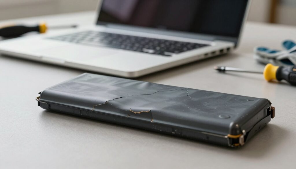 A close-up image of a swollen laptop battery lying on a neutral surface, showcasing its distorted shape and cracked casing. The foreground features details such as bulging edges and visible pressure points on the battery. In the middle ground, a slightly open laptop with its screen turned off can be seen, emphasizing the connection to the battery. The background is softly blurred, suggesting a workspace setting with hints of a desk and tools like a screwdriver and safety gloves placed nearby, indicating preparation for safe removal. The lighting is natural, highlighting the texture of the battery and creating a slightly concerned atmosphere, urging viewers to address the issue promptly.