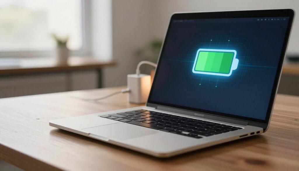 A close-up of a MacBook on a sleek wooden desk, with the screen displaying a visually engaging battery optimization interface. In the foreground, a glowing battery icon indicates optimal charging status, surrounded by subtle green and blue light effects, symbolizing health and efficiency. In the middle ground, hints of a power adapter plug into the laptop, with a soft light illuminating the connection. The background features a softly blurred modern office space with natural light streaming through a window, creating a serene and professional atmosphere. The scene evokes a sense of tech-savvy innovation and reliable battery care, with a warm color palette to enhance a positive mood.