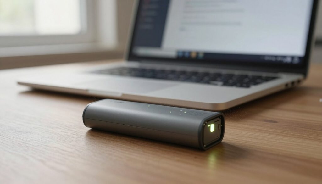 A close-up of a laptop battery resting on a wooden desk, showing its LED indicator lights glowing softly to represent battery life. In the foreground, the battery is surrounded by a subtle haze of dust, symbolizing inactivity. The middle ground features a laptop partially open, with a blurred screen displaying power management settings, hinting at idle usage. In the background, soft daylight filters through a nearby window, casting gentle shadows and creating a warm, serene atmosphere that reflects the passage of time. The scene is shot at a slightly elevated angle using a 50mm lens for depth and clarity, emphasizing the relationship between the battery and the idle laptop. The focus is sharp on the battery, with a calm and reflective mood that captures the essence of battery aging during downtime.