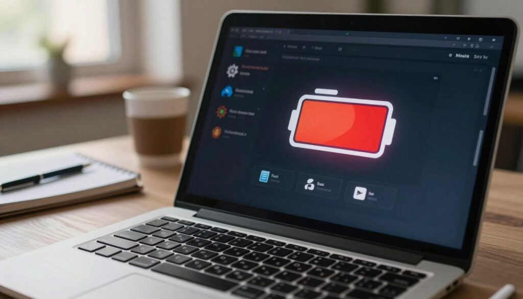A close-up of a laptop keyboard with the screen displaying a graphics-rich battery icon, showcasing various startup applications draining the battery. In the foreground, highlight the battery icon with a vivid red warning indicating low power. The middle ground features multiple startup application windows, each displaying unique icons like settings gears, cloud services, and productivity apps, dimly lit to suggest their hidden impact on performance. In the background, a soft-focus workspace reveals an office setting with a notepad and a coffee cup, creating a professional atmosphere. The lighting is warm and natural, coming from a nearby window, suggesting a busy workday. The overall mood is one of urgency, prompting viewers to consider the effects of their applications on battery life.