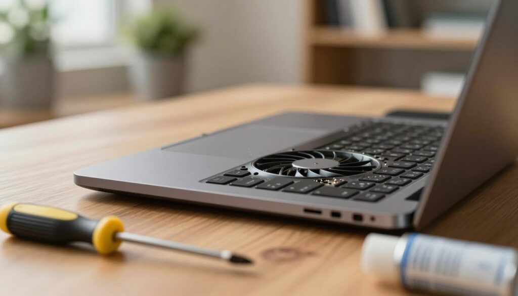 A close-up of a laptop on a wooden desk, with the lid slightly open to reveal the keyboard. The laptop’s fan vents are highlighted, showing a few dust particles illuminated by soft overhead lighting. In the foreground, a small screwdriver and a can of compressed air rest next to the laptop, indicating a servicing context. The background features blurred home office elements like potted plants and a bookshelf, creating a cozy yet professional atmosphere. The overall lighting is warm and inviting, evoking a sense of care and attention to detail. The image captures the essence of performing a quick check on laptop vents, focusing on cleanliness and maintenance.
