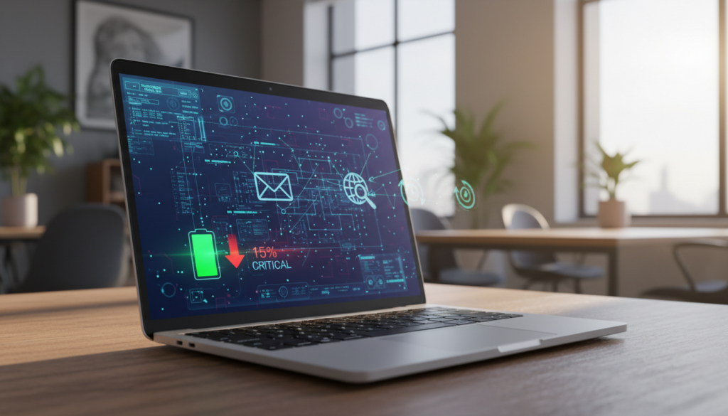 A close-up of a laptop open on a desk, displaying an intricate interface illustrating background processes. The foreground features a battery icon fluctuating between green and red, symbolizing draining power. In the middle, faint digital graphics depict various abstract icons representing applications and tasks running silently, such as an email, browser, and software updates. The background should be a softly blurred modern office setting with warm ambient light, casting gentle shadows. A slight tilt angle captures the laptop at a dynamic perspective, enhancing the feeling of urgency. The overall mood is technical and slightly tense, reflecting the concern of fast battery drain while idle, with a clear focus on the laptop and its electric elements.