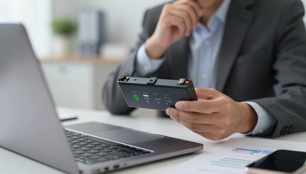 A close-up of a sleek laptop battery being examined in a professional office setting, symbolizing the concept of cycle count. In the foreground, focus on the battery with visible percentage markings, showcasing its charge levels and cycle statistics. In the middle, capture a person in professional business attire, holding the battery with a thoughtful expression, demonstrating the importance of understanding cycle counts. The background features a modern office with soft, diffused lighting, emphasizing a knowledgeable and meticulous atmosphere. Use a slight bokeh effect to soften the background details, like a desk with charts or contemporary gadgets, keeping the attention on the laptop battery and the professional engagement with it.