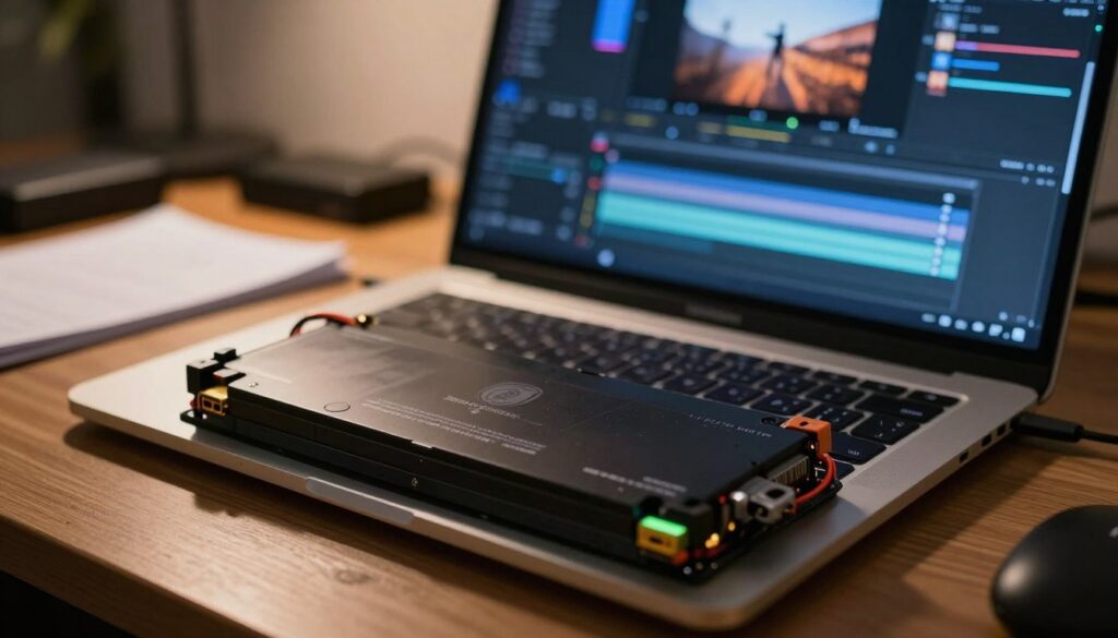 A close-up shot of a laptop battery displayed prominently in the foreground, showcasing intricate details like wiring, connectors, and charge indicators. The battery should be partially extracted from the laptop, emphasizing its importance in powering demanding video editing tasks. In the middle ground, a slightly opened laptop with a vibrant, high-resolution video editing interface visible on the screen, illustrating a busy editing session. The background should feature softly blurred elements of a cluttered workspace, such as a desk with notes, external drives, and a dimly lit room to enhance focus on the battery. Warm, ambient lighting creates a focused yet tense atmosphere, suggesting the strain of video editing on battery life. Use a shallow depth of field, capturing the contrast between the battery's mechanical details and a creative editing environment.