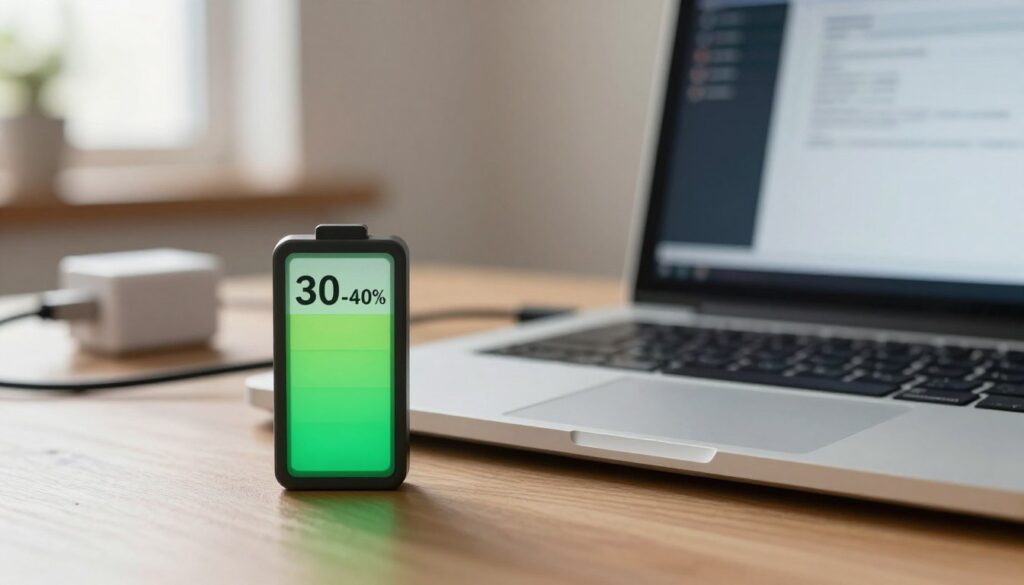 A close-up shot of a laptop battery gauge showing a mid-range charge of 30-40%, against a softly lit workspace background. In the foreground, the battery icon is vibrant and detailed, with a green gradient filling, indicating power levels. The laptop, partially open, reveals a visible screen displaying diagnostic information, emphasizing electrical data. The middle ground features a blurred laptop charger and power cord, hinting at the energy connection. In the background, a warm-toned office environment is subtly illuminated by natural light coming through a window, creating an inviting atmosphere. The overall composition should evoke a sense of urgency and concern, highlighting the theme of unexpected battery performance. The image should be clear, well-composed, and free of any text or distractions.