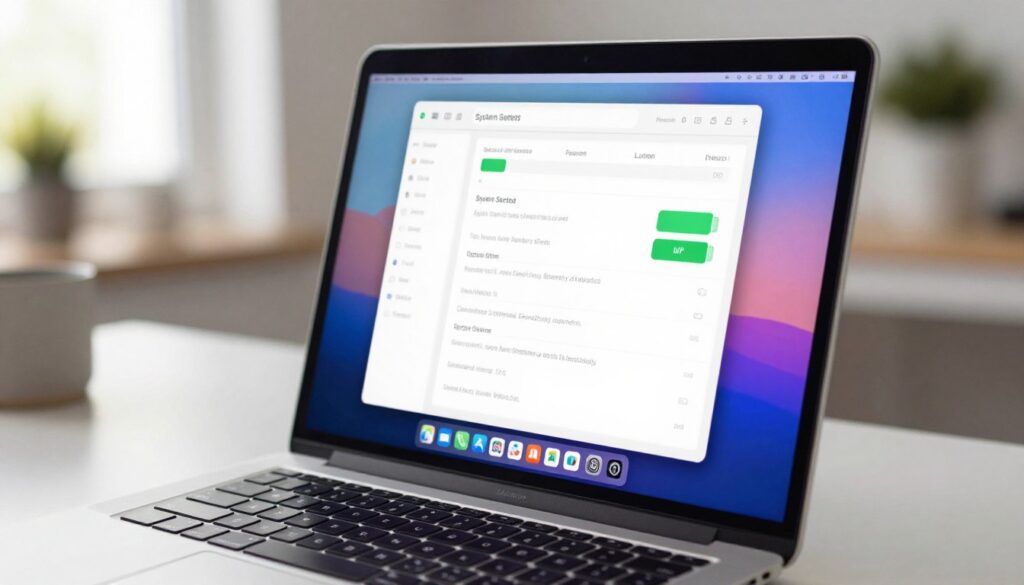 A close-up view of a Mac laptop's System Settings screen displaying the battery health percentage. The foreground features the MacBook with its sleek, silver design, partially open to reveal a vibrant display filled with graphical elements and icons. The middle layer shows the System Settings interface prominently, with highlighted sections indicating battery status and health indicators in a modern, user-friendly layout. In the background, a softly blurred workspace includes a stylish desk with a minimalist aesthetic, soft natural lighting filtering through a window, creating an inviting atmosphere. The overall mood is professional and tech-savvy, showcasing the functionality of the device while emphasizing the importance of battery health.