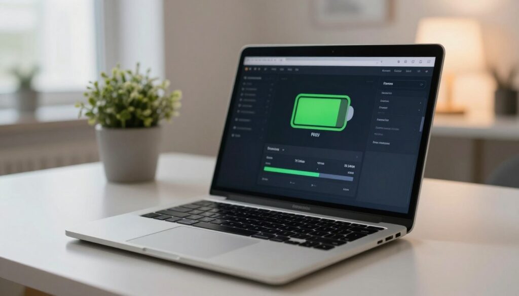A close-up view of a MacBook laptop on a sleek, minimalist desk, with an open screen displaying the battery cycle count and health status in a clear, user-friendly interface. The foreground features a focused shot of the laptop keyboard and screen, showcasing detailed graphics that represent battery statistics. In the middle ground, a subtle reflection of a potted plant adds a touch of greenery, while the background is softly blurred, revealing a modern, well-lit home office environment with a stylish lamp casting warm light. The atmosphere is calm and professional, evoking a sense of tech-savvy efficiency. Utilize soft, natural lighting to highlight the sleek design of the MacBook and create an inviting mood.