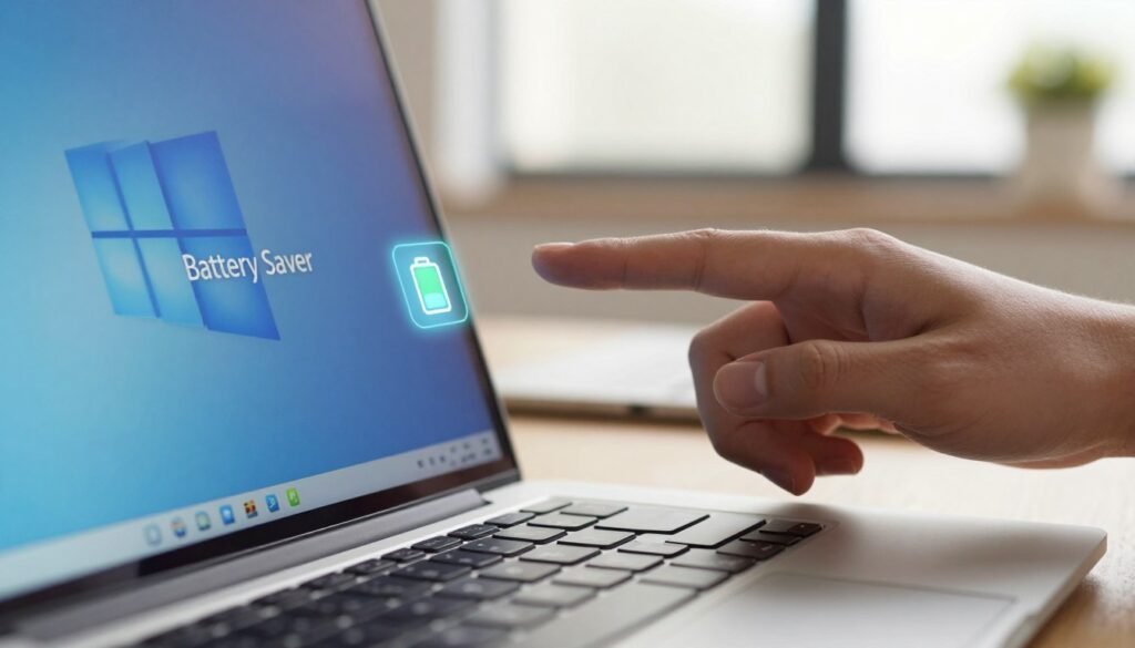 A close-up view of a Windows taskbar showcasing the 'Battery Saver' icon, highlighted with a glowing effect to indicate active status. The foreground features a sleek laptop with a well-organized desktop and visible battery icon. In the middle ground, a hand is reaching towards the battery icon, poised to click, with a subtle shadow emphasizing the motion. The background shows a blurred office environment with soft, natural lighting coming from a nearby window, suggesting a productive atmosphere. The colors are warm and inviting, with hints of blue from the screen, creating a modern tech-inspired mood. The image captures the essence of managing battery life effectively, visually embodying the action of turning battery saver on or off.