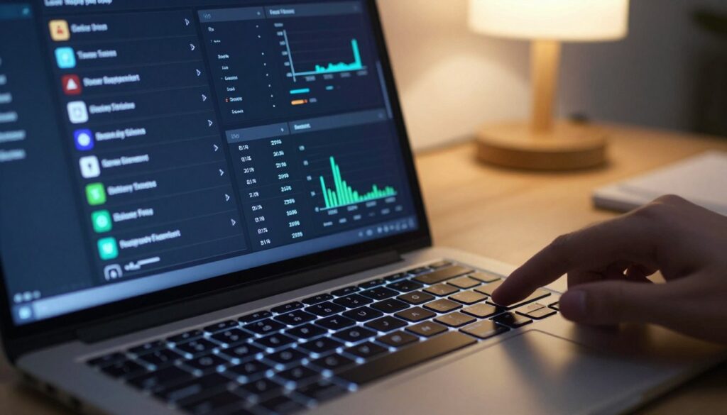 A close-up view of a computer screen displaying intricate power management settings within a modern laptop interface. The foreground features a glowing laptop keyboard with a finger poised above the touchpad, ready to make adjustments. In the middle, the screen vividly illustrates various settings like battery saver modes, sleep timers, and energy usage graphs, with bright icons and clear visual structures. The background is softly blurred, hinting at an organized workspace with a sleek desk, ambient lighting from a nearby lamp casting a warm glow, creating a focus on the laptop. The atmosphere conveys a sense of productivity and efficiency, aimed at tech-savvy users looking to optimize their laptop for longevity.