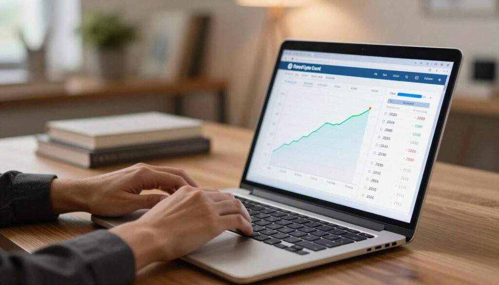 A close-up view of a digital laptop battery cycle count report displayed on a clear, modern laptop screen, sitting on a sleek wooden desk. In the foreground, the laptop features a glowing screen with graphs and numerical data organized neatly, highlighting the cycle count information. In the middle, a pair of hands typing on a keyboard, wearing professional business attire, suggesting an analytical atmosphere. In the background, a softly lit home office setting with books and a plant, creating a calm and focused mood. The lighting is warm and inviting, with a focus depth that draws attention to the report. A feeling of productivity and modern technology is emphasized throughout the scene.