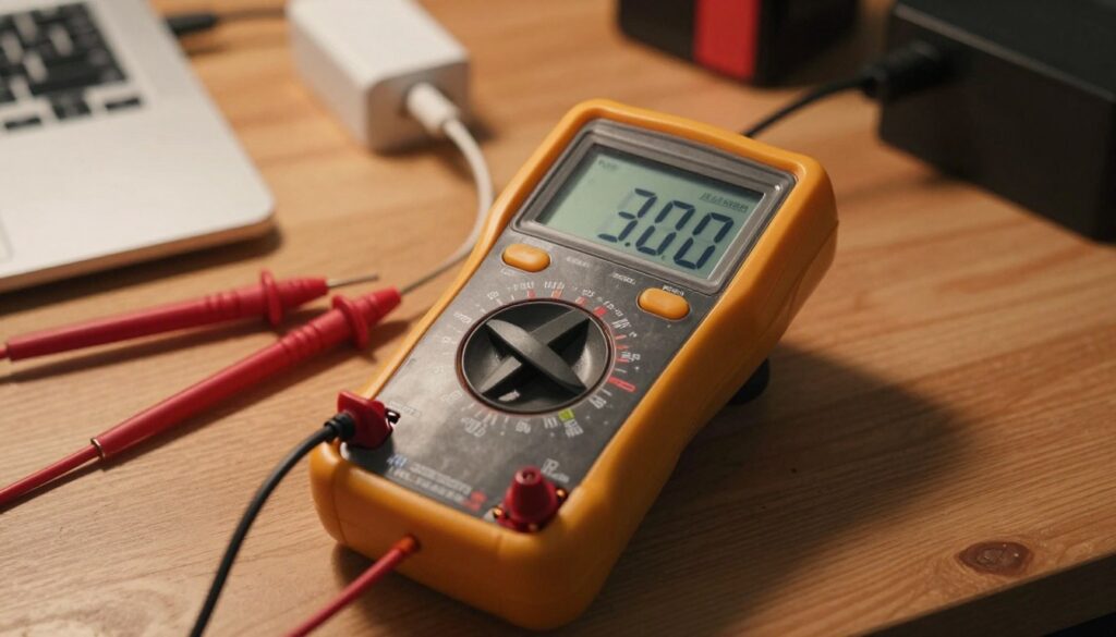 A close-up view of a digital multimeter displaying output volts and amps, strategically placed on a wooden workbench. The multimeter screen glows softly to highlight precise measurements, with clear, sharp numbers readout. In the background, subtly blurred technical tools such as multimeter probes, a laptop charger, and loose cables can be seen to evoke a workspace atmosphere. The lighting is warm and inviting, illuminating the subject while casting gentle shadows. The scene is framed from a low angle to emphasize the importance of the power measurements. The overall mood is focused and professional, perfectly suited for a technical article on power needs and efficiency.