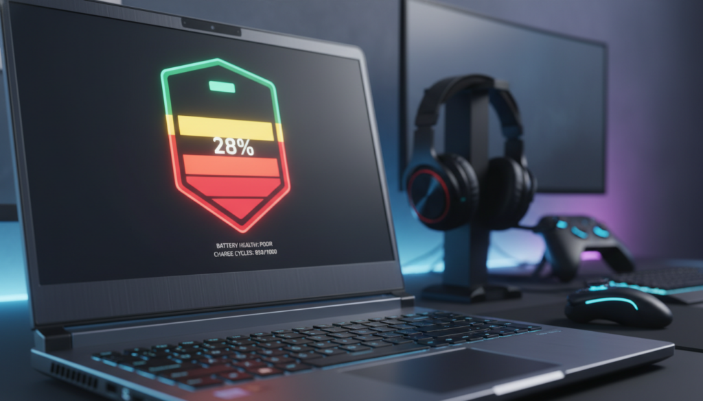 A close-up view of a gaming laptop screen displaying a colorful graphical representation of battery capacity, with a vibrant digital battery icon filled with varying levels of charge. The foreground features the laptop with sleek, modern design details, illuminated by soft ambient lighting that enhances its shiny surface. In the middle ground, there's a blurred array of gaming paraphernalia, like a headset and a controller, hinting at the gaming environment. The background is softly lit with a blurred-out gaming setup, showing dim lights and a slight glow from LED strips, creating a focused and immersive atmosphere. The overall mood is tech-savvy and energetic, emphasizing the intersection of gaming and battery technology, with an emphasis on lower capacity due to wear.