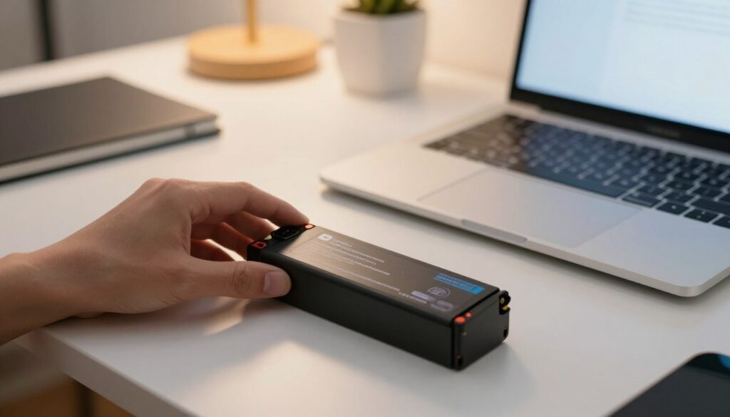 A close-up view of a laptop and battery on a clean, white workspace. The laptop is partially open, displaying a softly glowing screen, while the battery lies beside it, prominently labeled. The foreground features a hand gently lifting the battery, showcasing its technical details. In the middle background, a soft focus of a well-organized desk with laptop accessories, such as a charger and notebooks, adds context. The ambient lighting is warm and inviting, creating a calm and focused atmosphere. The angle is slightly above eye level, providing a professional aesthetic. The overall mood conveys preparation and care, establishing a thoughtful approach to long-term laptop battery storage without any text or distractions.
