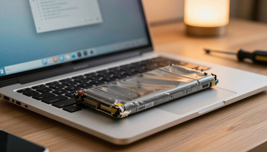A close-up view of a laptop battery displaying signs of wear and decline. The battery is partially removed from a sleek, modern laptop, with visible bulges and frayed edges, positioned prominently in the foreground. In the middle ground, the laptop itself has a slightly open screen, showing a fading desktop background that reflects a worn-out device. The background features a softly lit workspace with a wooden desk, a faintly glowing lamp, and scattered tech tools like a screwdriver and charging cable, enhancing the technical mood. The lighting is warm and inviting, casting gentle shadows that highlight the battery's frailty. The overall atmosphere conveys urgency and concern, illustrating the importance of recognizing battery health signs before complete failure.