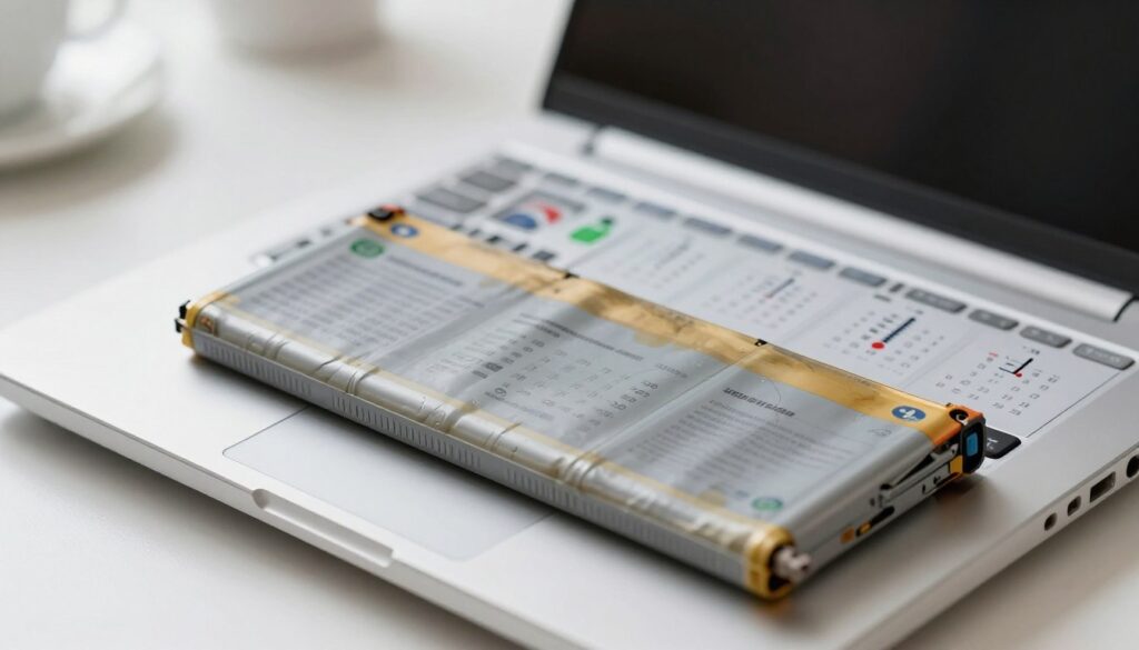 A close-up view of a laptop battery displaying various stages of calendar aging. The foreground highlights a partially disassembled laptop with the battery prominently featured, showcasing signs of wear such as swelling and discoloration. In the middle ground, include subtle representations of factors that contribute to aging, like temperature gauges and small icons for charge cycles around the battery. The background transitions from a bright, clean workspace to a darker area illustrating neglect, emphasizing the contrast between optimal and poor conditions. Use soft, diffused lighting to create a technical and informative atmosphere. Capture the scene from a slightly angled perspective to enhance depth, ensuring clarity on details while maintaining a professional and educational tone.