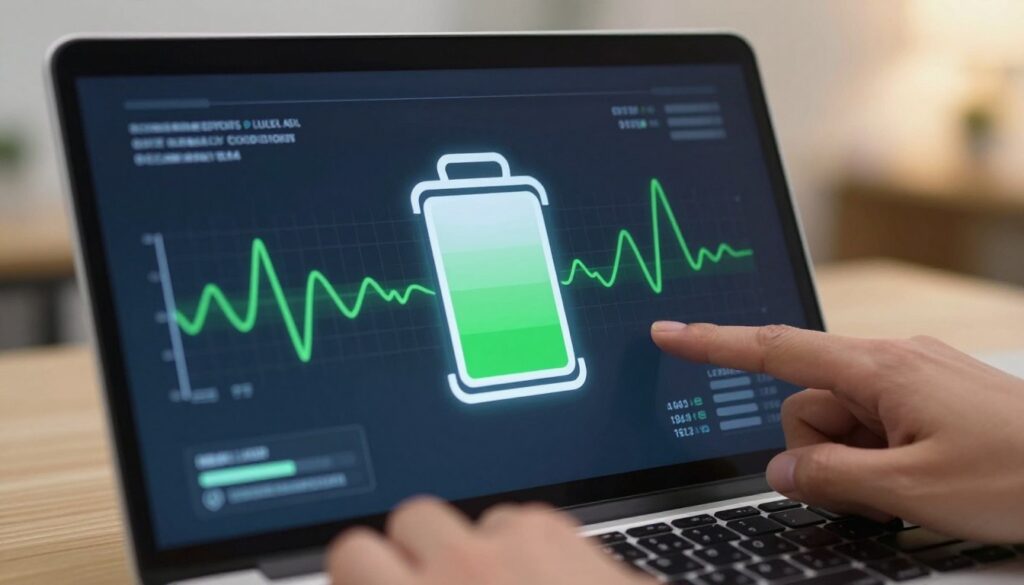 A close-up view of a laptop battery icon displayed on a sleek laptop screen, surrounded by graphical representations of fluctuating battery percentage indicators, indicating instability. In the foreground, a partially visible hand adjusts the laptop’s power settings. The middle layer features dynamic lines representing energy flow, while the background subtly showcases a soft-focus office environment with warm lighting, creating a professional atmosphere. The mood is one of curiosity and troubleshooting. The image is shot from a slightly elevated angle, providing depth and a clear focus on the battery icon while maintaining a clean, clutter-free aesthetic. No text or additional distractions are present, ensuring a straightforward visual representation of battery health issues.
