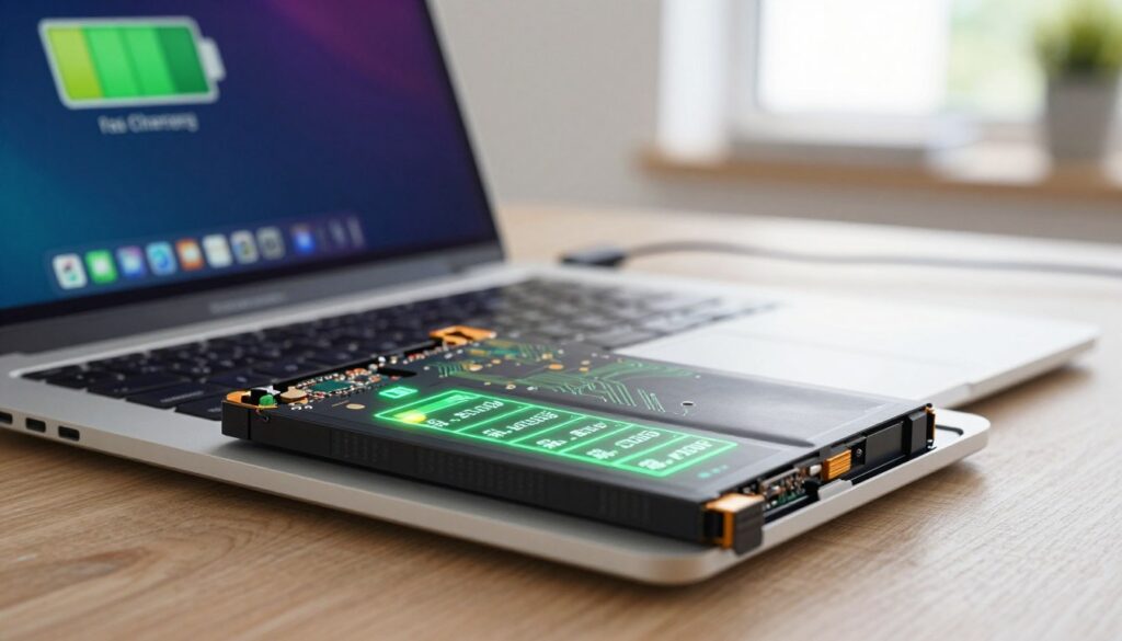 A close-up view of a laptop battery in a modern setting, showcasing its intricate circuitry and digital readout indicating battery health status. In the foreground, the battery is partially removed from a sleek laptop, with a glowing green light indicating optimal health. The middle ground features the laptop with a vibrant screen displaying a battery monitoring application, emphasizing fast charging effects. The background includes a softly lit desk with a charging cable plugged in, and a window casting natural light, creating a calm, focused atmosphere. The angle should be slightly tilted to emphasize the urgency of the subject, while keeping the overall mood professional and informative, suitable for a tech article.