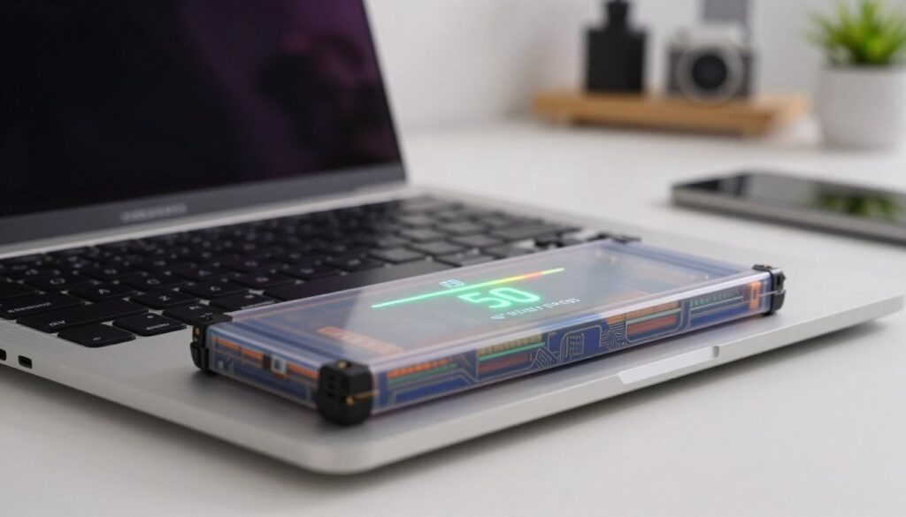 A close-up view of a laptop battery with a digital interface displaying a charge level indicator, set against a softly lit, clean workspace. The foreground features the battery prominently, showcasing a partially transparent casing that reveals circuit details and cells. In the middle, a sleek laptop is partially open, contributing to the context. The background subtly includes shelves with tech gadgets and plants, creating a calming atmosphere. Gentle ambient lighting highlights the battery's charge indicator, which glows softly at the optimal charge level of 50%. The mood is professional and informative, suggesting care for electronic devices and their maintenance. The angle is slightly above eye level, bringing attention to the charge level display without distractions.