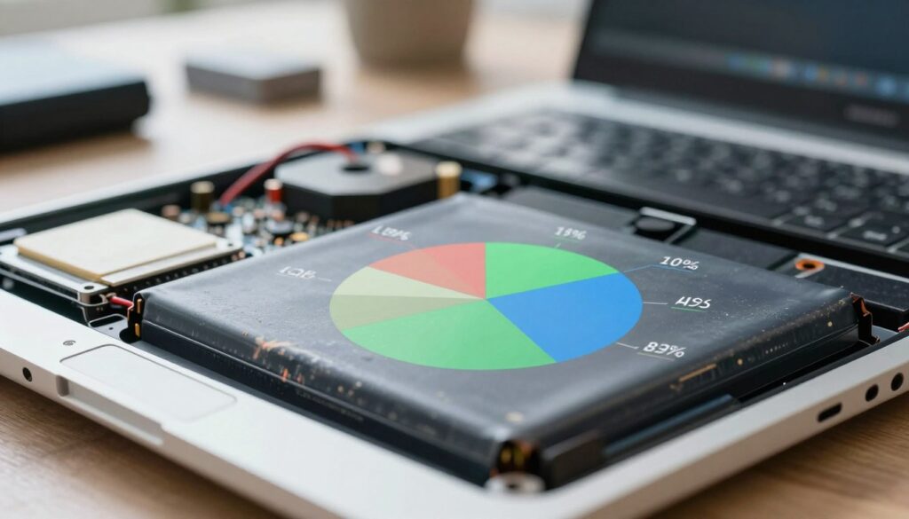 A close-up view of a laptop battery with a pie chart overlay depicting battery capacity loss percentages, highlighting common causes like heat, charging cycles, and age. The foreground shows a laptop with its back panel partially open, revealing the battery with clearly visible wear signs and a faint glow indicating heat. In the middle ground, blurred components like circuit boards and wires can be seen, emphasizing the complexity of the laptop’s internal structure. The background includes a softly lit workspace with a desk and technical gadgets, creating a professional atmosphere. A soft, cool color palette enhances the mood of innovation and caution. The lighting is bright but diffused, adding clarity without harsh shadows. The angle is slightly elevated, providing an informative perspective.