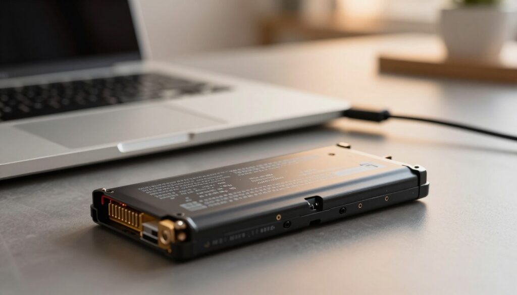 A close-up view of a laptop battery with intricate details visible, such as the connector pins, serial number, and battery cells, resting on a sleek surface. In the foreground, the battery is slightly angled to highlight its contours and branding. The middle ground features a laptop partially open, with a charging cable connected, demonstrating the act of charging. The background should include a blurred workspace with soft, warm lighting to create a cozy and professional atmosphere, hinting at a home office environment. Aim for a focus depth that brings the battery into sharp relief, while the laptop and surroundings gently fade, evoking a sense of contemplation about battery care and longevity.