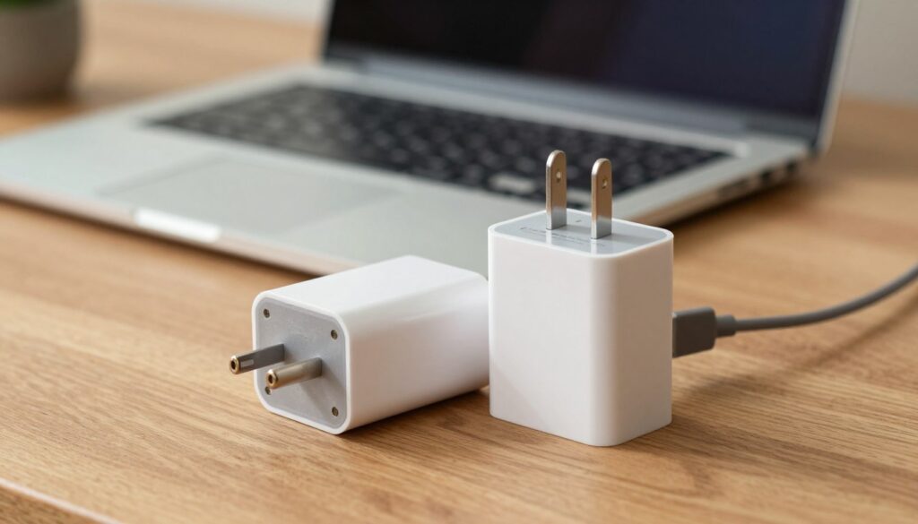 A close-up view of a laptop charger resting on a wooden desk, with a focus on two chargers: one low-cost, generic model and a branded, high-quality charger side by side. The low-cost charger is slightly worn, its plastic casing showing marks of age, while the high-quality charger looks pristine and robust, emphasizing the contrast. In the background, a modern laptop is open, indicating active use, with a soft, warm light illuminating the scene. The depth of field subtly blurs the background, drawing attention to the chargers. A small potted plant adds a touch of greenery and freshness. The atmosphere is relaxed yet informative, inviting viewers to consider the implications of using different charger types without being alarmist. The overall composition conveys a sense of safety and technology.
