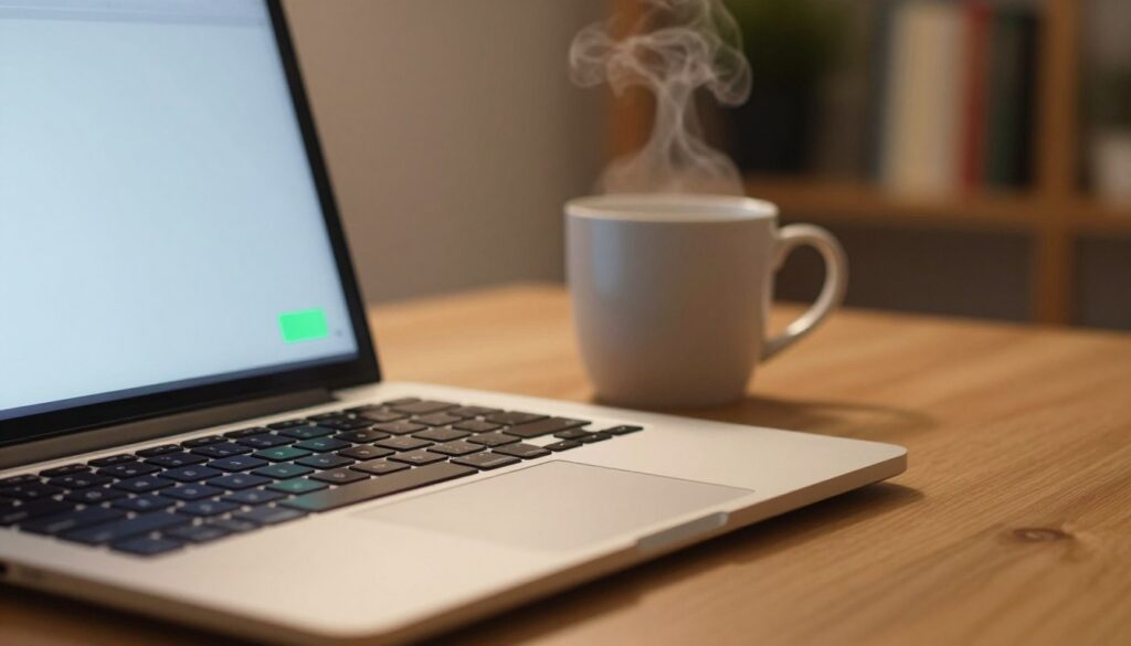 A close-up view of a laptop on a wooden desk, illuminated by soft, warm ambient light. In the foreground, the laptop's battery indicator shows a full charge, glowing green. In the middle, a coffee mug sits next to the laptop, steam gently rising from it, creating a cozy atmosphere. In the background, a subtle blend of bookshelves and plants adds depth without distraction. The scene is captured with a slight bokeh effect, focusing on the laptop to emphasize its significance. The mood is calm and inviting, perfect for illustrating the topic of overnight charging and its myths. The angle is slightly tilted downwards, inviting the viewer to explore the scene more closely.