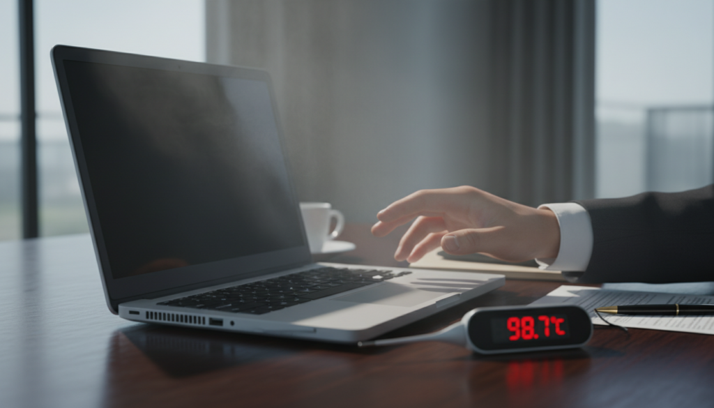 A close-up view of a laptop overheating on a desk, with a digital thermometer displaying rising temperatures beside it. The foreground features the laptop with visible heat waves emanating from it, showing signs of warping and battery swelling. In the middle ground, a hand in professional business attire reaches for the laptop, looking concerned. The background portrays a shaded office environment with soft but bright natural lighting filtering through a window, highlighting the laptop's condition. The overall mood is tense and alarming, emphasizing the dangers of heat on electronic devices. The scene should focus on clarity and detail, capturing the essence of heat generation in an informative manner.