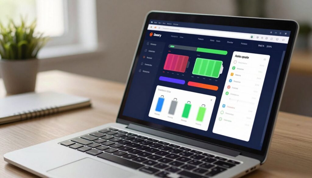 A close-up view of a laptop screen displaying a vibrant and detailed battery update information interface. The foreground features a sleek, modern laptop with a high-resolution screen, showcasing colorful graphs, status bars, and icons representing battery performance and update history. The middle ground includes a soft reflection of the keyboard, hinting at ergonomic design. The background consists of a softly blurred workspace, with a neat desk setup that includes a potted plant and a notepad, creating a professional yet inviting atmosphere. Warm, natural lighting illuminates the scene from an adjacent window, casting gentle shadows. The mood is informative and engaging, emphasizing the importance of firmware updates on battery performance without distractions.