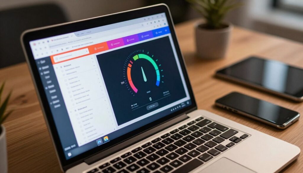 A close-up view of a laptop screen displaying multiple browser tabs, some highlighted in vibrant colors to signify high usage, juxtaposed with an animated power meter showing increased energy consumption. The laptop is placed on a wooden desk, surrounded by scattered digital devices like smartphones and tablets, suggesting a busy work environment. In the background, soft, out-of-focus ambient lighting accentuates the scene, creating a sense of urgency and overload. The overall mood is tense, illustrating the overwhelming effect of multitasking. Use a shallow depth of field to keep the focus on the laptop and the tabs while softly blurring the background. The lighting should be bright yet slightly dramatic to enhance the theme of energy drain.
