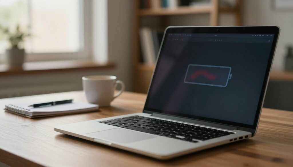 A close-up view of a laptop with a low battery indicator displayed prominently on the screen, set against a home office backdrop. The foreground shows the laptop prominently positioned on a sleek wooden desk, with a faint glowing battery icon in red, symbolizing low charge. In the middle ground, a coffee cup and a notepad with a pen give a sense of an active work environment. The background features soft, blurred shelves with books and a soft-focus window letting in warm, natural light. The atmosphere is slightly tense yet focused, conveying a sense of urgency in addressing the battery issue. Use soft, diffused lighting to enhance the mood and maintain a professional appearance, showcasing attention to detail and a clear visual hierarchy.
