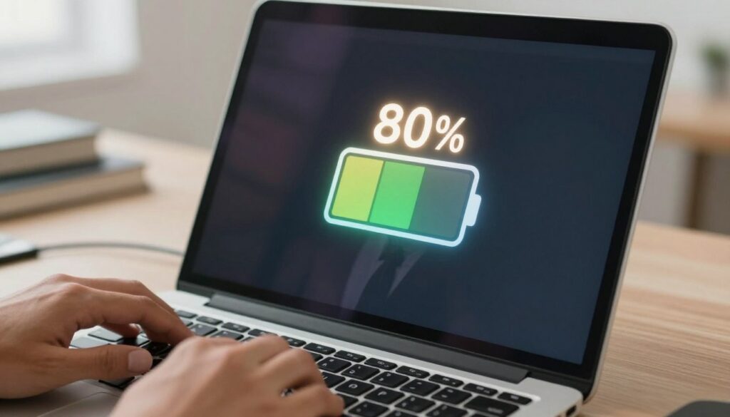 A close-up view of a laptop's battery life indicator, showing a plateau at around 80%, displayed on a sleek, modern screen. The foreground features a subtle reflection of a business professional's hands working on the keyboard, dressed in smart casual attire. The middle scene highlights the glowing battery icon, with a faint, warm light illuminating the screen to emphasize the plateau level. In the background, a softly blurred workspace featuring a desk and charging cable adds context, contributing to a focused and calm atmosphere. The lighting is soft and inviting, creating a sense of curiosity and contemplation about battery health and technology efficiency.