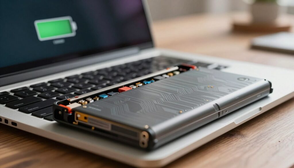A close-up view of a modern laptop battery, showcasing its sleek design and intricate circuitry. The battery is partially disassembled, revealing the inner components with a focus on the connectors and cells. The foreground highlights the battery, with soft shadows emphasizing its contours. In the middle ground, a laptop is partially visible, opened at an angle, displaying a low battery warning on the screen. The background features a soft-focus office environment with warm lighting to create a professional atmosphere. The image should evoke a sense of curiosity about battery health, illustrating both technology and concern for usage. The overall mood is informative and engaging, suitable for an article discussing battery management.