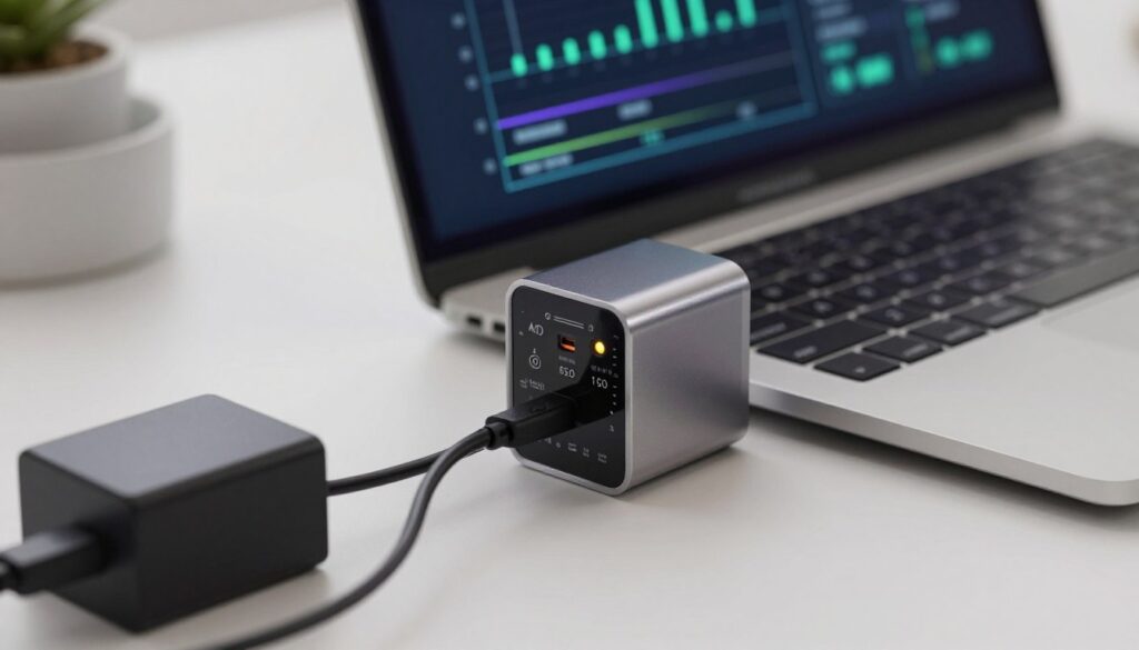 A close-up view of a modern laptop charging setup, showcasing a sleek charger with visible voltage and wattage specifications illuminated on its surface. The foreground features a detailed power adapter with cables, creating a sense of connection. In the middle, a laptop screen displays an intricate graph or diagram illustrating voltage and amperage metrics related to charging. The background is softly blurred, perhaps depicting a stylish desk with minimalistic tech accessories, enhancing the focus on the charger and laptop. Soft, diffused lighting creates a professional atmosphere, suggesting a tech-savvy workspace. The angle is a slight overhead shot, capturing both the charger and laptop in an engaging composition.