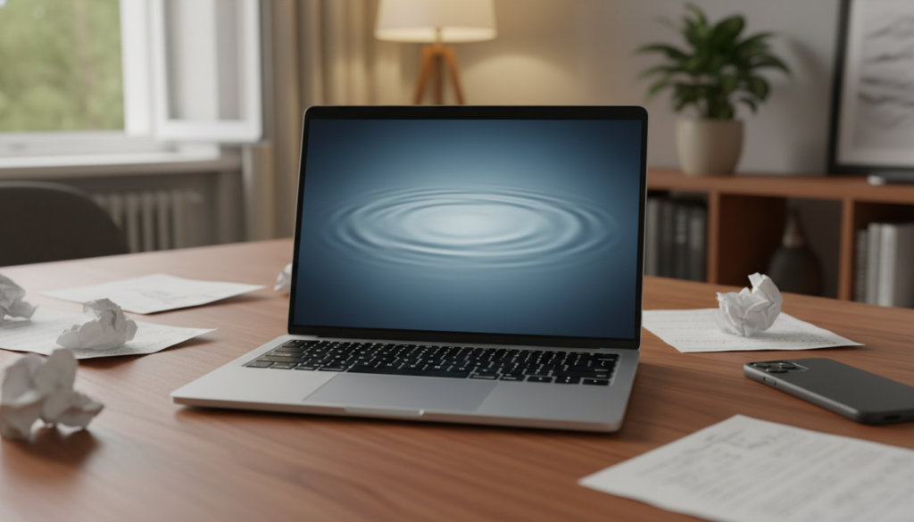 A close-up view of a modern laptop in sleep mode, resting on a wooden desk. The laptop's screen displays a faint glow, symbolizing it is in sleep mode, while its keyboard is softly illuminated. Surrounding the laptop, there are scattered papers and a sleek smartphone, hinting at a typical work environment. In the background, a cozy office space with warm ambient lighting sets a relaxed mood, including a potted plant and an open window letting in natural light. The focus is sharp on the laptop, with a shallow depth of field blurring the background slightly, creating an inviting atmosphere, perfect for discussing technology and battery issues. The overall color palette is soft and calming, emphasizing tranquility.