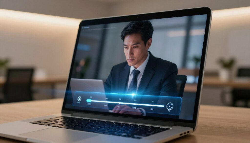 A close-up view of a modern laptop screen displaying a vibrant backlit display with adjustable brightness settings in the foreground, highlighting a slider moving towards the brightest level. In the middle, a professional figure in business attire is seated, concentrating on the screen, with soft reflections illuminating their face. The background features a sleek office environment with minimalistic decor and warm, inviting lighting that creates a cozy atmosphere. Adding a slight blur to the background emphasizes the importance of the laptop's brightness setting, while gentle rays of light beam from the screen, suggesting energy efficiency and optimization. Capture the mood of focus and professionalism in a technology-driven workspace, promoting the theme of enhancing laptop performance for battery conservation.