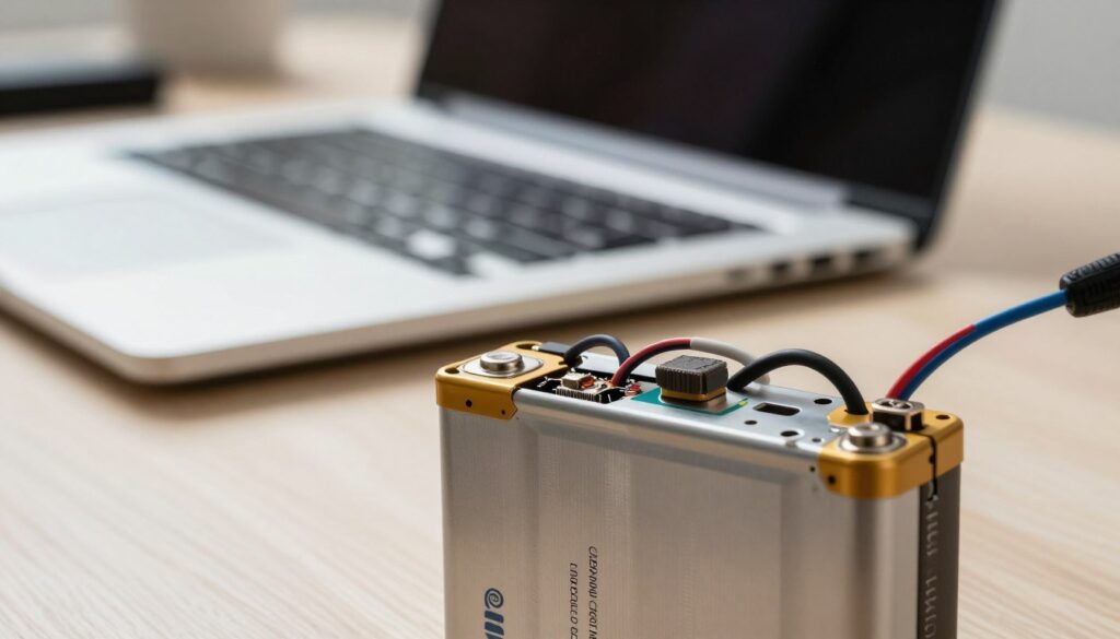 A close-up view of a modern lithium battery, showcasing its intricate design and technological details. The foreground features the battery with a metallic casing, wires, and circuit components visibly exposed to highlight its advanced technology. In the middle ground, include a softly blurred laptop, partially opened, to provide context of where the battery is used without drawing focus away from the battery itself. The background should feature a softly lit workspace with a hint of electrical tools and a laptop charger, enhancing the atmosphere of technology and innovation. Use soft, natural lighting to create a professional and clean look, capturing the essence of modern electronic devices. The composition should feel informative and sleek, emphasizing the significance of batteries in contemporary laptops.