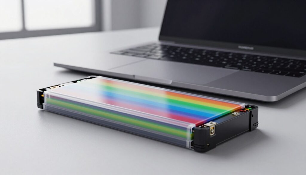 A close-up view of a modern lithium-ion laptop battery, showcasing its intricate internal components including cells, circuitry, and metal contacts. The foreground reveals a partially transparent casing, allowing a glimpse into the battery's chemical layers, with vibrant colors representing different materials. In the middle ground, a sleek laptop is partially opened, emphasizing the battery's role in powering the device, while the background features a minimalist office setting with soft, diffused natural light streaming in through a window, creating a professional atmosphere. The image should have a sharp focus on the battery, highlighting its details, while maintaining a clean and polished look that conveys innovation and technology.