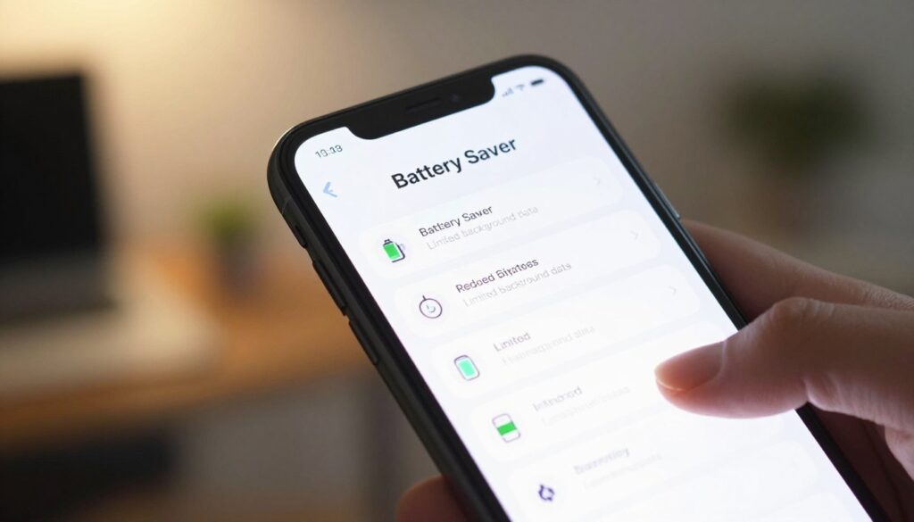 A close-up view of a modern smartphone screen displaying the "Battery Saver" mode settings, emphasizing features like reduced brightness, limited background data, and an energy-saving battery icon. Foreground shows a bright, clearly legible display with icons indicating active power-saving features. In the middle, a hand gently adjusts the settings, highlighted with a soft glow to draw attention. The background features a blurred office environment, creating a professional atmosphere with warm, ambient lighting. Use a shallow depth of field to keep the focus sharp on the phone while the surroundings are subtly faded. The overall mood should convey a sense of control and functionality, illustrating the importance of battery management in daily life.