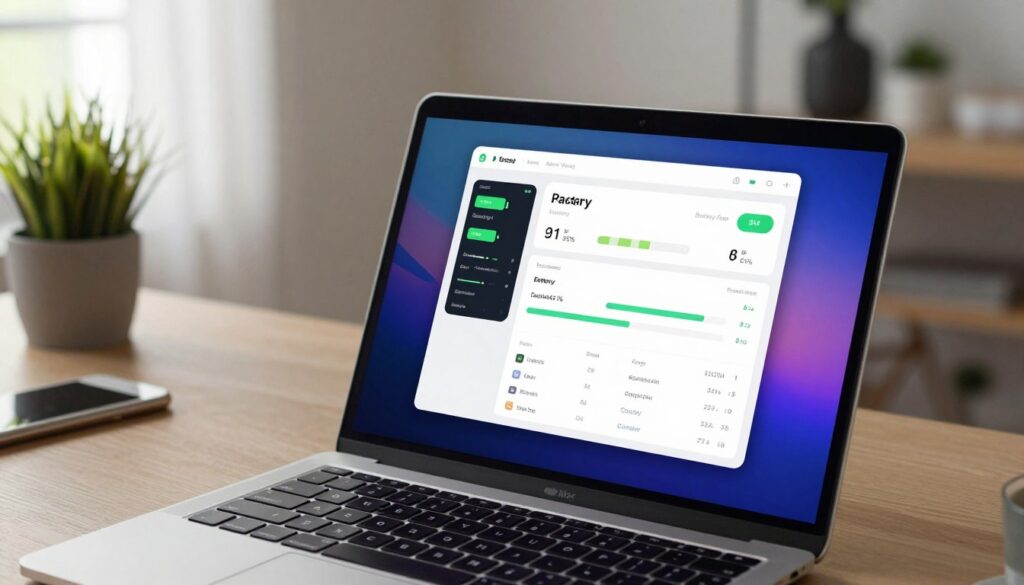 A close-up view of a sleek Mac laptop displaying a visually captivating battery health app interface on its vibrant screen. The foreground highlights the open laptop with a detailed focus on the app, showcasing metrics like battery percentage, health status, and charge cycles in an organized, user-friendly layout. The middle ground presents a stylish, modern workspace with aesthetically pleasing decor, including a potted plant and minimalistic accessories, indicating a sophisticated atmosphere. In the background, soft natural light filters through a window, creating a warm and inviting ambiance. The scene is shot from a slightly elevated angle to emphasize the laptop and app interface while maintaining a professional, tech-savvy mood, perfect for illustrating battery health insights.