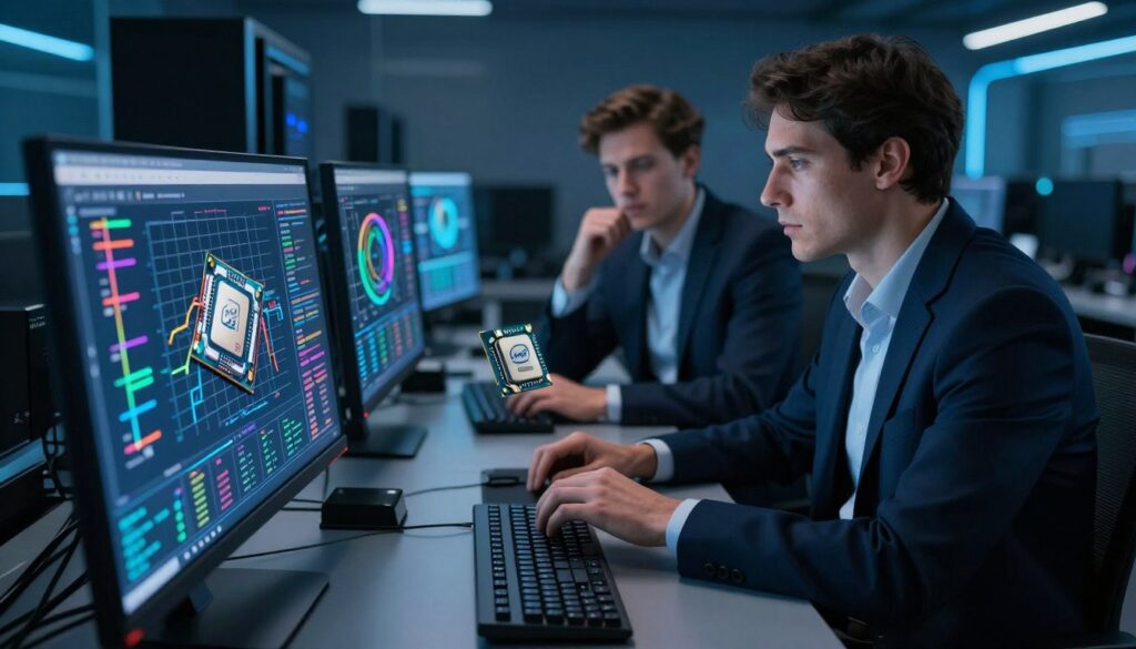 A close-up view of a sleek, modern computer workstation featuring both Intel and AMD processors prominently displayed on the desk. In the foreground, detailed schematics and graphs showing CPU power limits are illustrated on a high-resolution monitor, with vibrant colors highlighting key metrics and data. The middle layer includes two professional, focused individuals in business attire analyzing the data, their expressions thoughtful and engaged. The background displays a dimly lit tech lab filled with advanced computing equipment and ambient blue lighting that evokes a futuristic atmosphere. The overall mood is one of concentration and innovation, emphasizing the technical intricacies of CPU power management. The image uses a slight depth of field effect, drawing the eye to the intricate details of the data being studied.