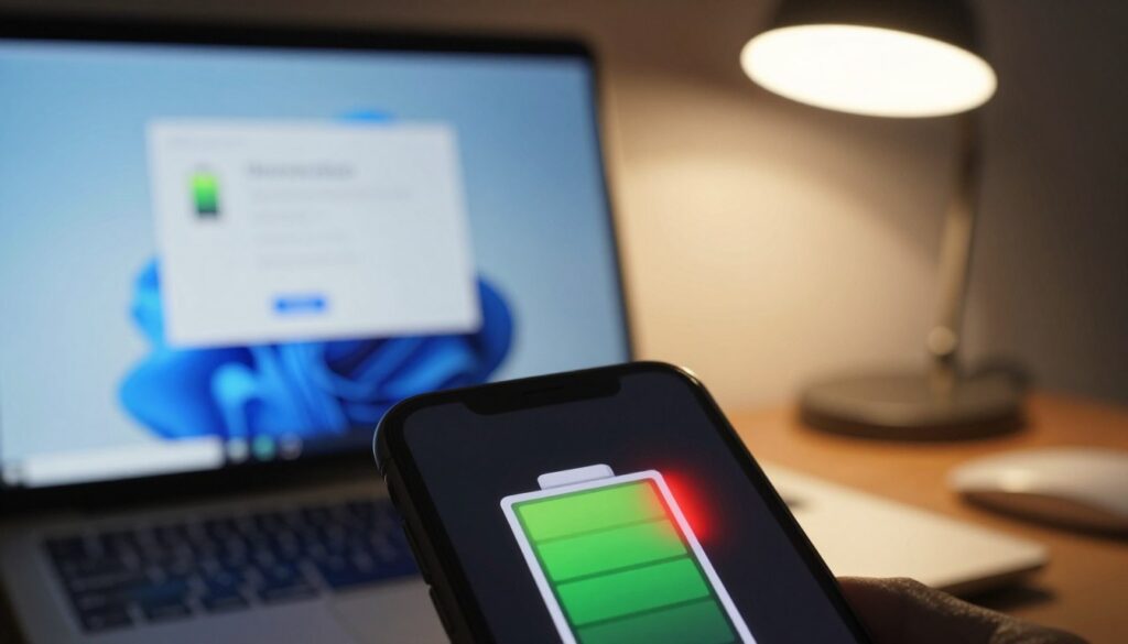 A close-up view of a smartphone battery icon on a digital screen, showing a significant drain in usage. The foreground should feature the battery symbol animatedly depleting, emphasizing the warning indicator in bright red. In the middle ground, a blurred laptop screen displays a Windows update notification, hinting at recent changes affecting battery life. The background features a softly illuminated workspace with a desk lamp casting warm light, creating a contrasting atmosphere of productivity. Apply a shallow depth of field for focus on the battery icon, while subtle bokeh effects enhance the workspace theme. The overall mood should convey urgency and concern, illustrating the consequences of unexpected power usage after an update.