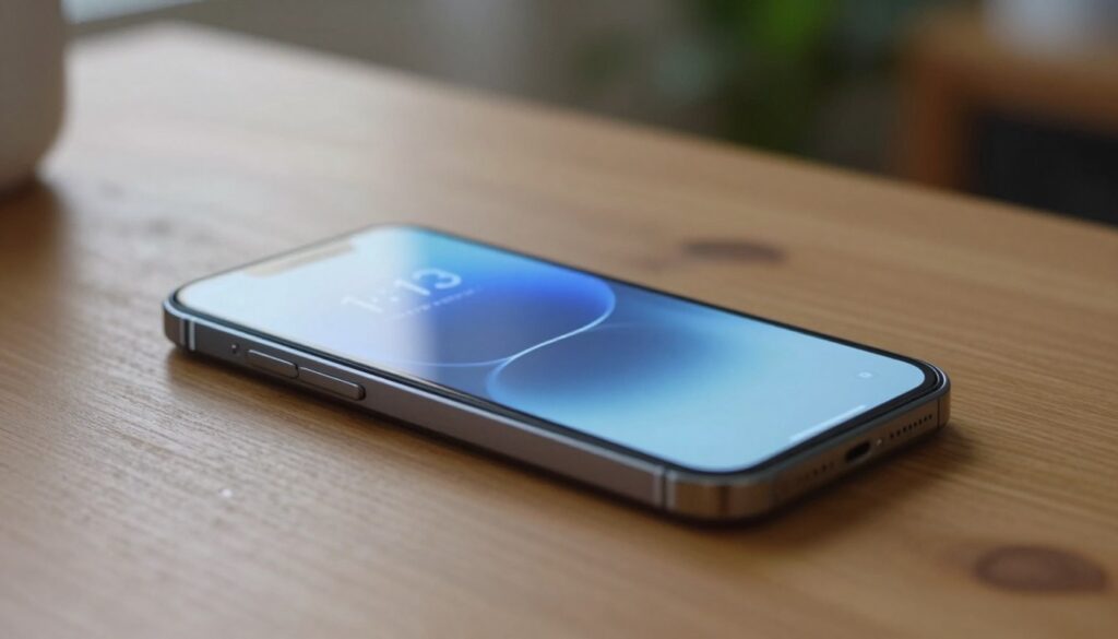 A close-up view of a smartphone on a wooden table, showcasing an always-on display illuminated with minimal, essential information like the time, date, and notifications. In the foreground, the screen glows softly, reflecting a cool, blue light that contrasts with the warm, natural wood of the table. The middle scene reveals the phone's sleek design and modern aesthetic, with gentle shadows highlighting its features. The background is slightly blurred, depicting a cozy room ambiance with soft lighting and hints of green plants. The mood is serene and tech-savvy, emphasizing the phone's functionality while subtly suggesting the potential impact of always-on displays on battery life. The shot is taken at an eye-level angle, creating an inviting and engaging atmosphere.
