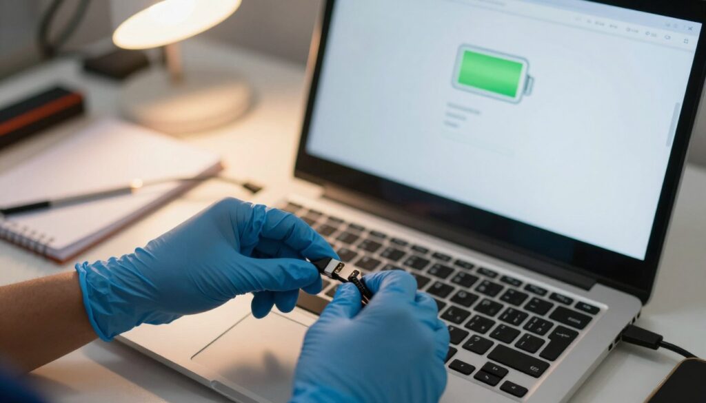 A close-up view of a technician performing a power cable check on a laptop. In the foreground, focus on the technician's hands wearing blue nitrile gloves carefully inspecting a power cable that connects to the laptop, with clear details of the cable's connection and prongs. In the middle ground, the laptop screen is illuminated, displaying a low battery icon, reflecting the urgency of the situation. The background features a cluttered workspace with tools, a notepad, and an ambient light source from a desk lamp, creating a soft, professional atmosphere. The image is well-lit with a warm glow, emphasizing the technician's attention to detail. The angle is slightly overhead, giving an informative view of the action and context.