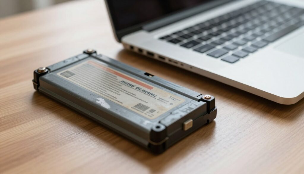 A close-up view of an old laptop battery resting on a wooden desk, showing signs of wear, scuff marks, and a faded label. The battery is partially removed from the laptop, with a faint glow of LED indicators suggesting low power. In the background, a sleek new laptop is visible, contrasting clean lines with a shiny finish. Soft, diffused natural light streams in through a nearby window, creating a warm atmosphere, while shadows emphasize the textural details of both the old battery and the new laptop. The focus is sharp on the battery, with a slight bokeh effect on the new laptop to draw attention, evoking a sense of nostalgia and urgency surrounding battery lifespan.