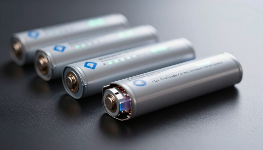 A close-up view of multiple lithium-ion laptop batteries arranged on a smooth, dark surface, highlighting their sleek, rectangular designs with visible terminals and labeling. In the foreground, one battery should be disassembled, showing the intricate internal components such as the anode, cathode, and electrolyte, illuminated by soft, diffused lighting to create a scientific atmosphere. The middle layer features a few batteries in different charging states, with gentle glow effects representing charging indicators. The background should fade to a soft gradient, emphasizing the focus on the batteries without distractions. The overall mood is technical and informative, evoking a sense of innovation and the importance of understanding battery wear in modern technology.