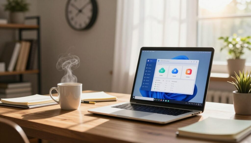 A cozy home office scene, showcasing a stylish laptop on a wooden desk surrounded by scattered notes and a steaming mug of coffee. In the foreground, the laptop screen displays vibrant icons representing various background apps like cloud storage, update notifications, and virtual assistants. The middle ground reveals a busy environment with a soft focus on a blurred wall clock indicating passing time and sunlight filtering through sheer curtains, casting gentle shadows. The background hints at a shelf filled with books and potted plants, enhancing the atmosphere of everyday productivity. The lighting is warm and inviting, with a slight lens flare suggesting early morning or late afternoon. The overall mood conveys a sense of quiet busyness and the unseen battery drain from background activity.