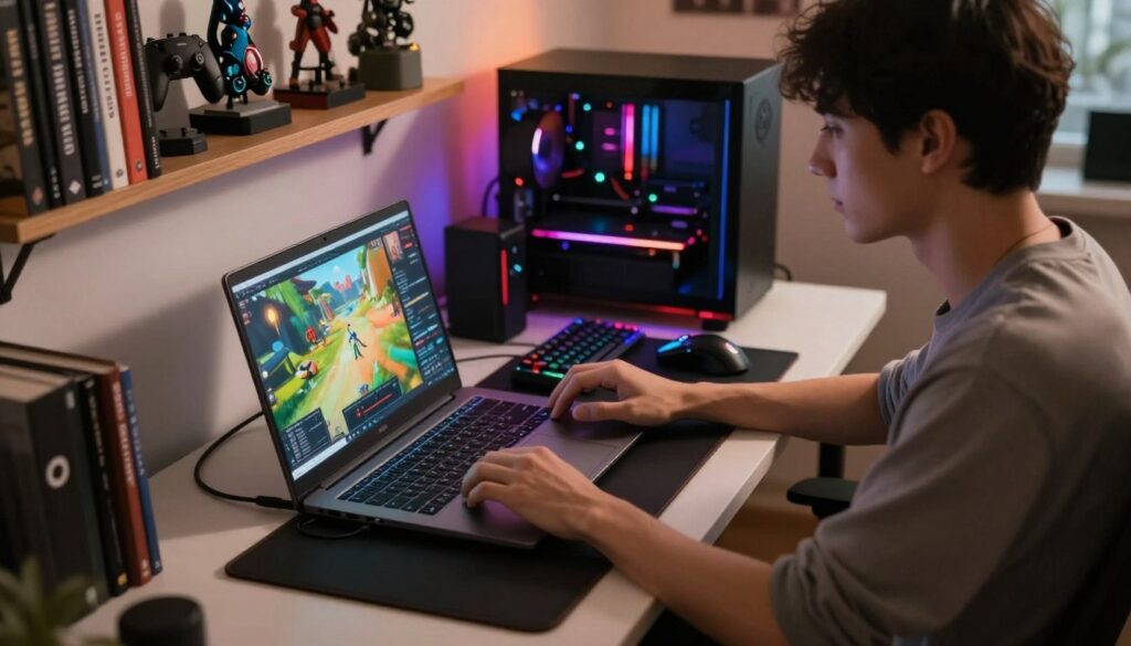 A cozy workspace featuring a modern laptop on a sleek desk, plugged in and actively in use for gaming, editing, and design work. In the foreground, a focused young professional in modest casual attire is intently playing a game, showcasing vibrant graphics on the laptop screen. The middle ground reveals high-end gaming accessories like a mechanical keyboard, gaming mouse, and colorful RGB lighting around the setup. In the background, a well-organized shelf displays design books and gaming memorabilia, with warm ambient lighting creating a welcoming atmosphere. The angle is slightly elevated, capturing the essence of a creative, productive environment. Soft shadows enhance the mood, suggesting an engaging and immersive experience.