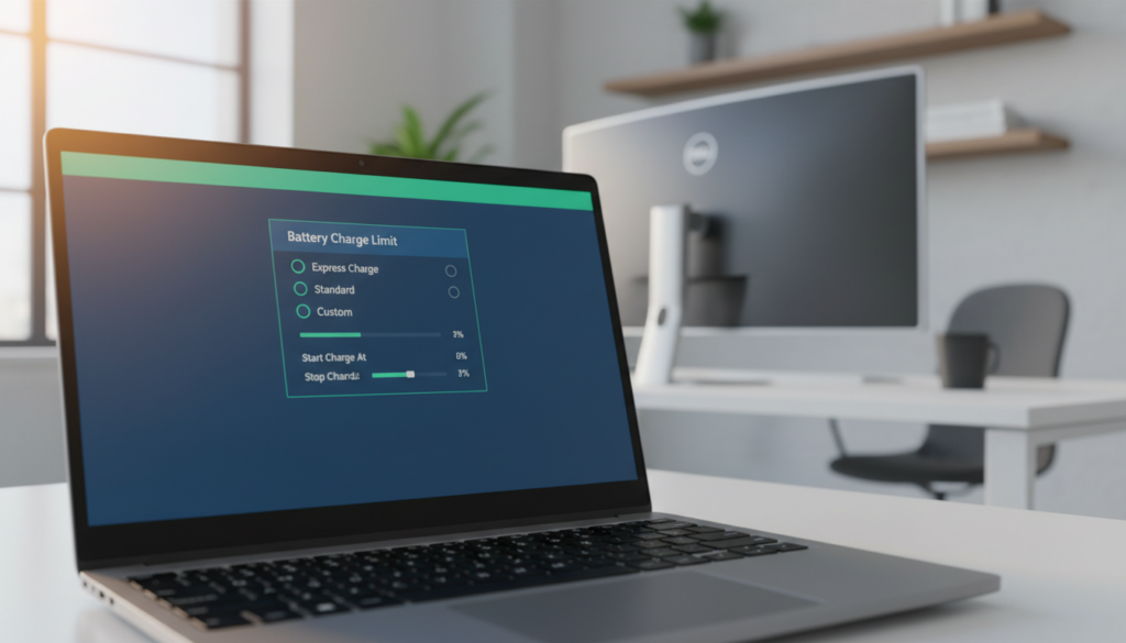 A detailed and vivid illustration of a laptop BIOS setup screen displaying battery health management settings. In the foreground, focus on a sleek laptop with a vibrant display, showing a menu titled "Battery Charge Limit" with options clearly visible. The middle layer features a soft-focus keyboard, hinting at a professional working environment. In the background, a well-lit, modern office space with minimalistic design elements, emphasizing technology and efficiency. Use natural lighting that highlights the laptop's screen, creating a focused and informative atmosphere. The overall mood should convey a sense of professionalism and user empowerment, ideal for discussing battery management settings. Include no humans or text elements, ensuring a clean and focused image.