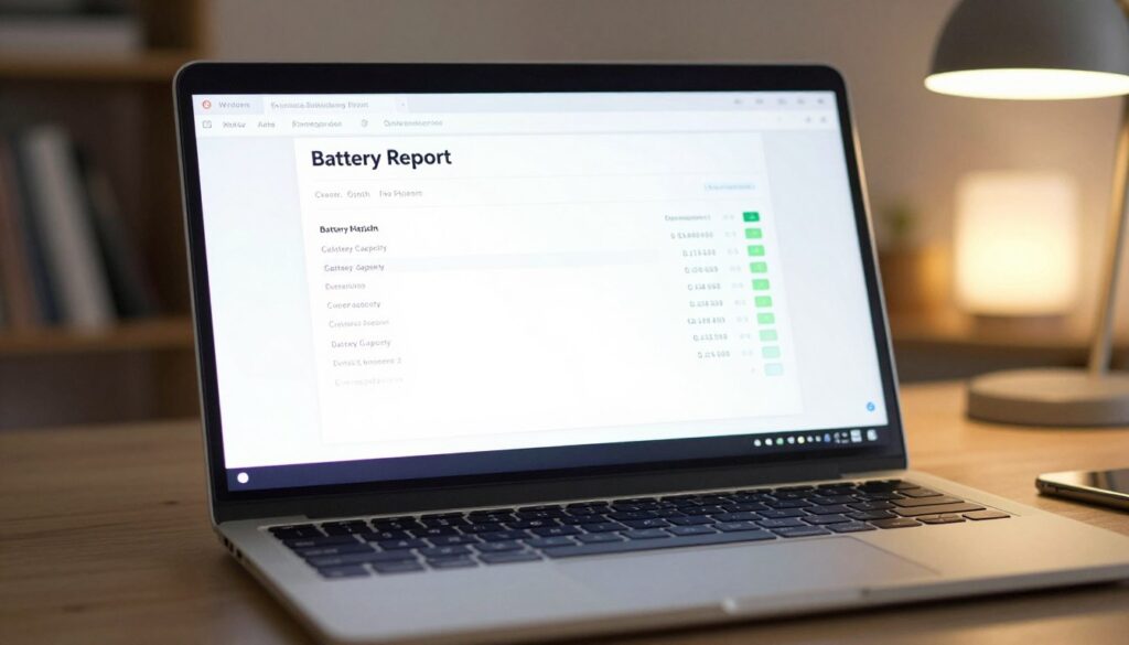 A detailed close-up of a Windows Battery Report displayed on a laptop screen, emphasizing key data points like battery capacity, cycle count, and health status. The foreground features the sleek keyboard of a modern laptop, with the trackpad and user interface clearly visible. In the middle, a sharp focus on the screen reveals the neatly organized text of the battery report in a professional layout, glowing softly to indicate activity. In the background, a subtle, stylish home office ambiance includes a blurred bookshelf and a soft-focus modern desk lamp, providing warm ambient lighting. The mood is technical yet inviting, conveying a sense of productivity and empowerment in managing laptop battery health. The angle is slightly tilted from above, showcasing both the laptop's screen and its sleek design without any extraneous elements.