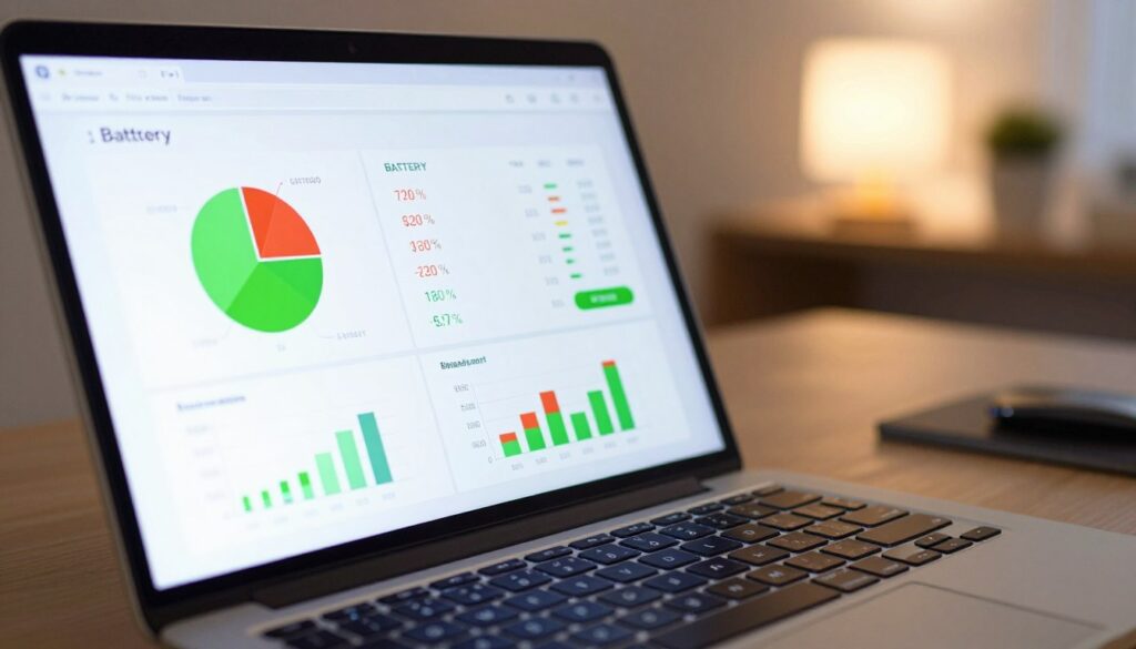 A detailed close-up of a Windows laptop screen displaying a battery report interface, featuring pie charts and graphs illustrating battery health, capacity history, and usage statistics. In the foreground, focus on the laptop with modern design elements, showcasing a sleek keyboard with backlit keys. In the middle, the screen should highlight key sections of the battery report, including numerical percentages and visual indicators in vibrant colors like green and red. The background is a soft-focus workspace with an organized desk, featuring a subtle warm light source for a comforting atmosphere. Capture the image from a slightly elevated angle to emphasize the laptop screen while maintaining clarity on the report details. The mood is calm and informative, inviting readers to reflect on battery health issues.